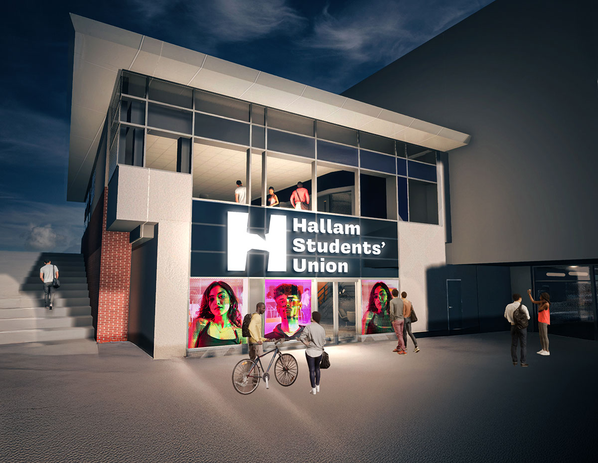 Front external 3D render of Hallam SU - Owen. The building has large windows, a large white logo on black background, and large screens on either side of the double doors displaying vibrant graphics.