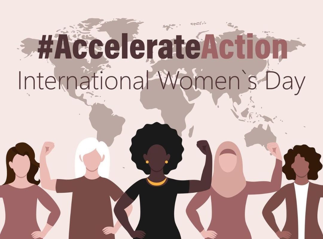 Diverse women raising fists in solidarity for International Women's Day with '#AccelerateAction' text over a world map.
