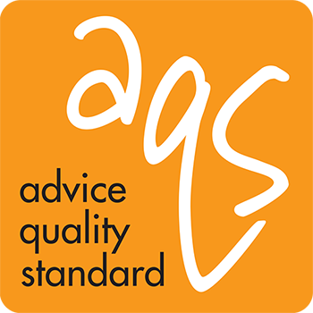 Orange square with curved corners, with large white text reading 'aqs' and smaller black text reading 'advice quality standard'
